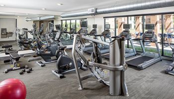 Fitness Center with strength and cardio machines and floor to ceiling windows